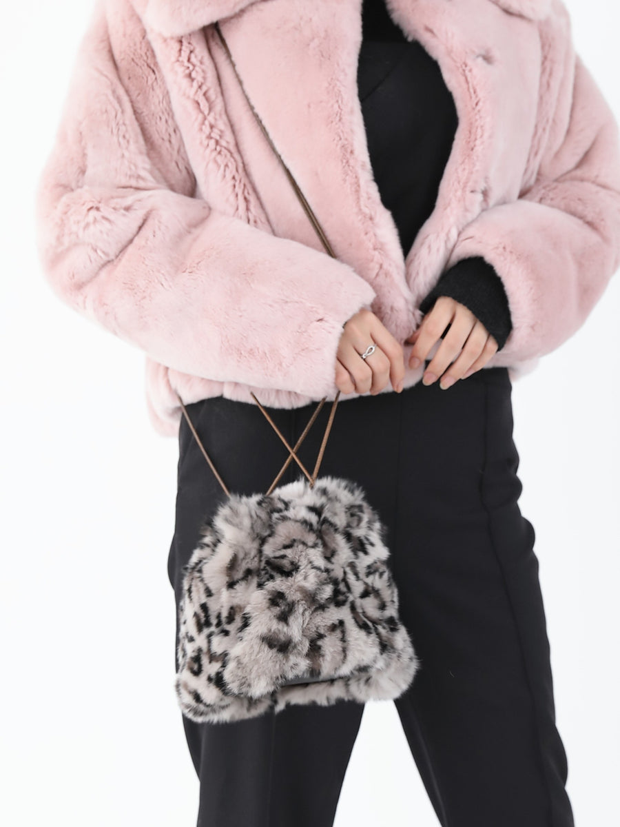 美品　本毛皮　ラビット　レオパード柄　シングル　ジャケット　裏地ピンク レッキスベリー バッグ ｜グレーレオパード柄、キャメルレオパード柄