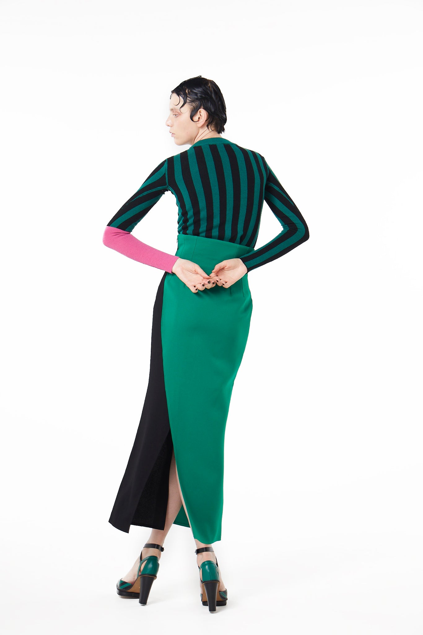 【FLEI】2Tone High-Waist Skirt｜グリーンｘブラック、キャメルｘブルー（2カラー）