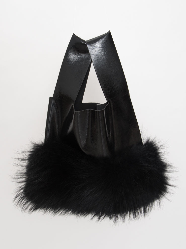 【FLEI】フェイクレザー　バッグ　w/ラクーン｜ブラック（1カラー）